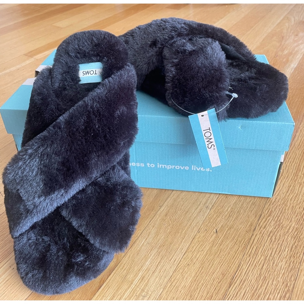 TOMS Black Faux Fur Slippers